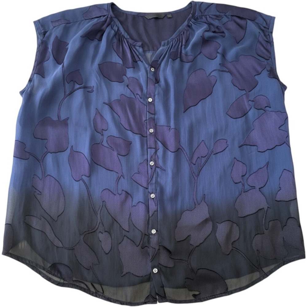 Pas de Calais Womens Blue Ombre Floral Devore Blouse Cotton Cap Sleeve M